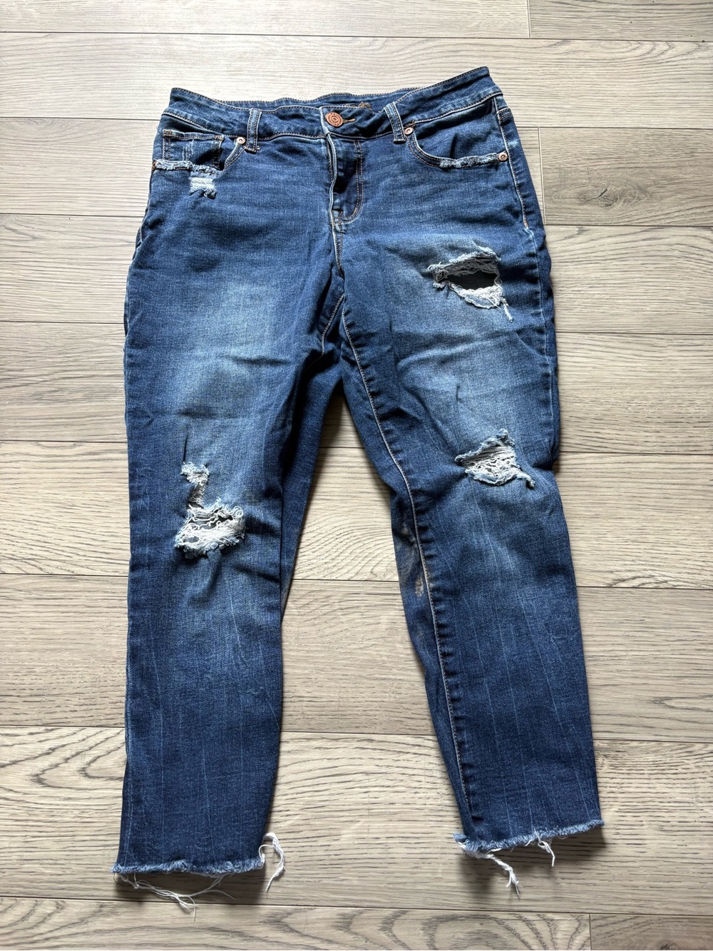Maurices Distressed Dark Blue Ankle Jeans